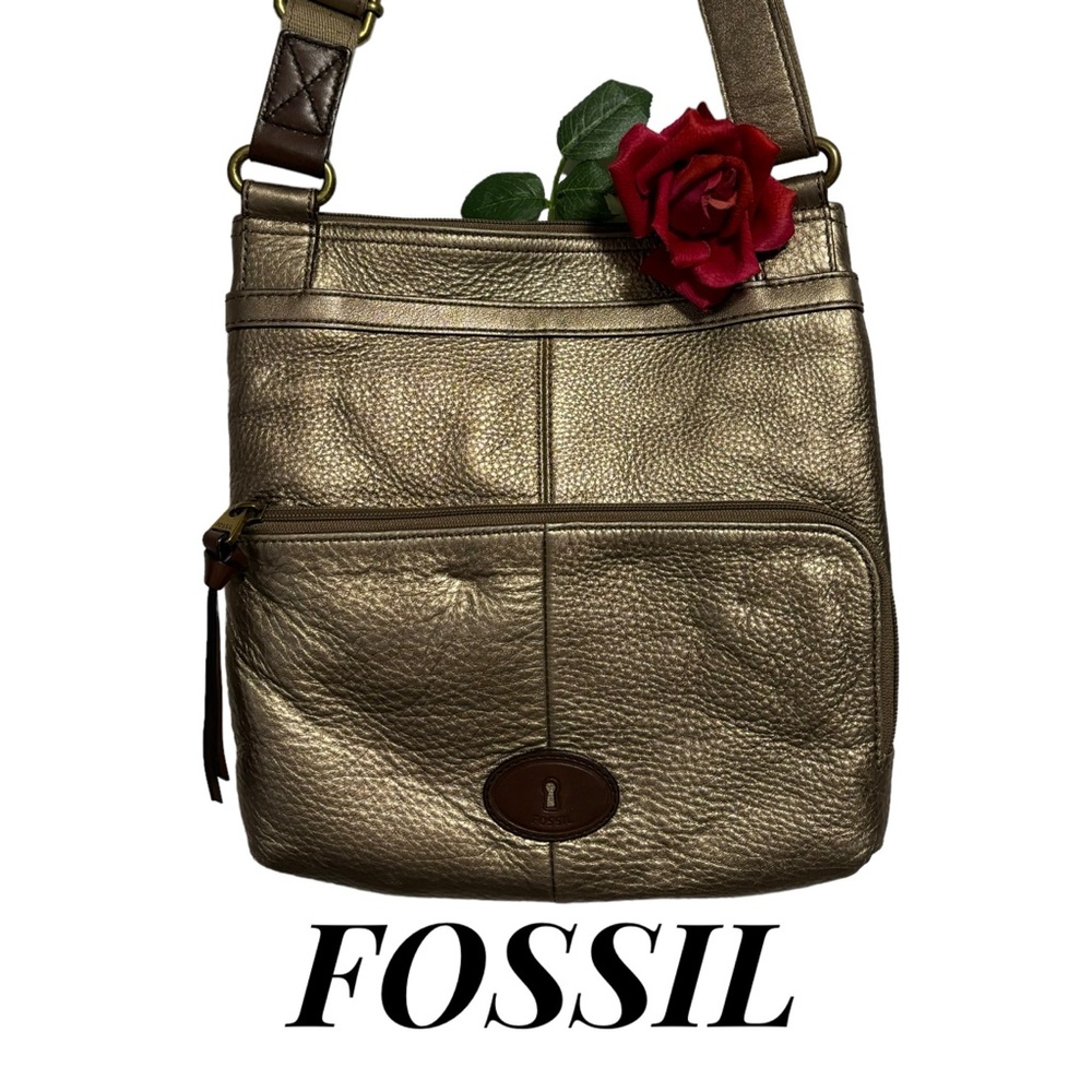 FOSSIL Cross Body Shoulder Pebbled Leather Bag Gold Metal Hardware …
